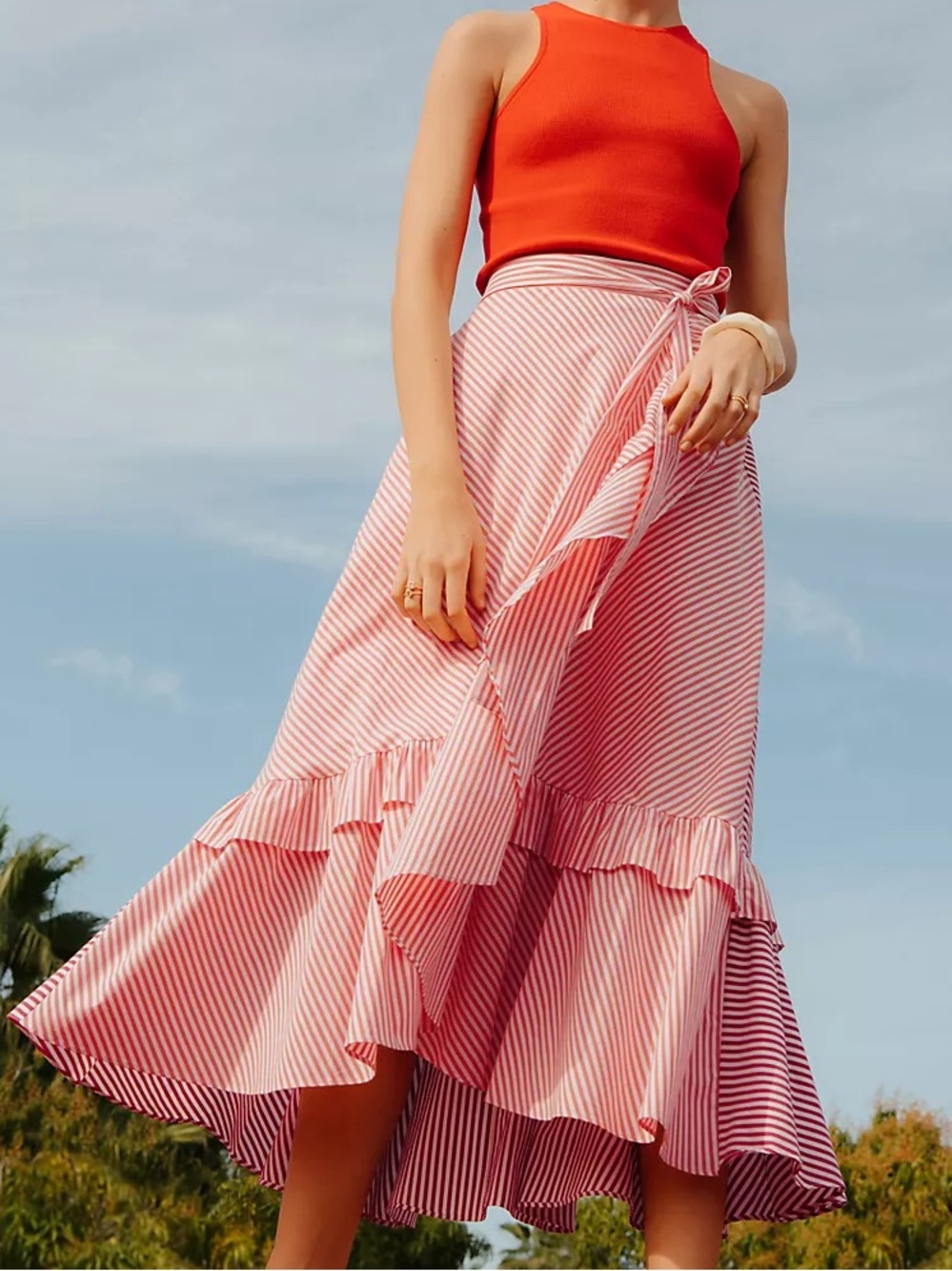 Maeve Penny Ruffled Midi Skirt Anthropologie Pink White Stripe Wrap Small